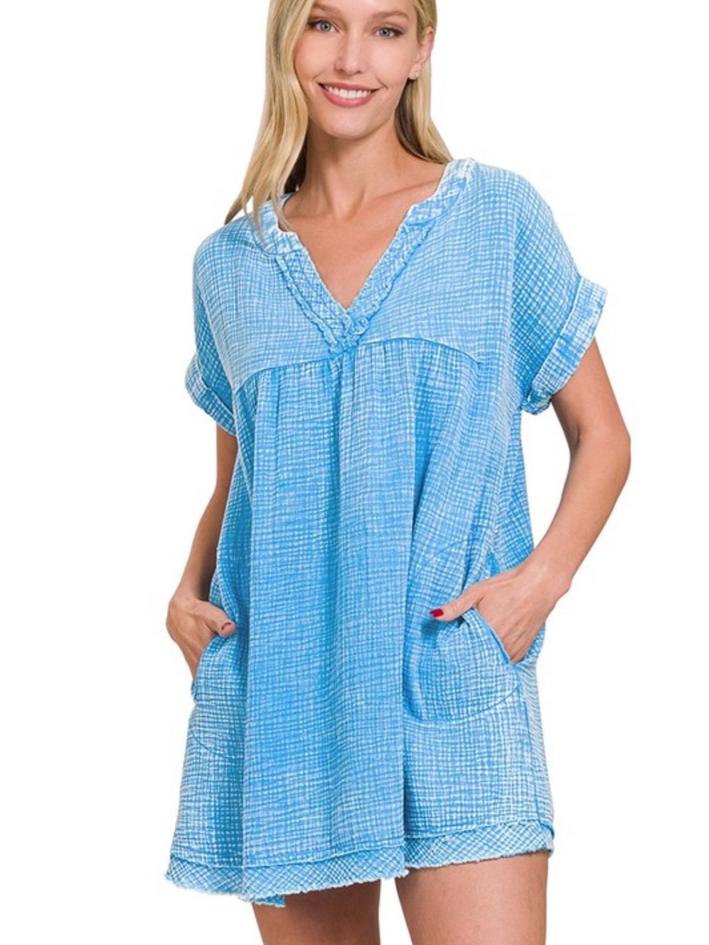 Zenana Gauze Rolled Short Sleeve Raw Edge 100% Cotton V-Neck Dress Size Large